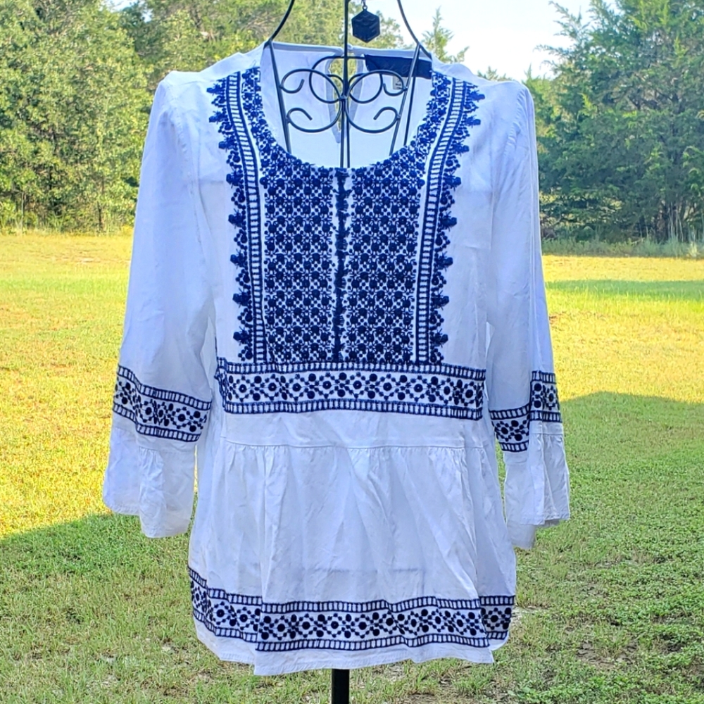 White with Blue Embroidered Detail Blouse